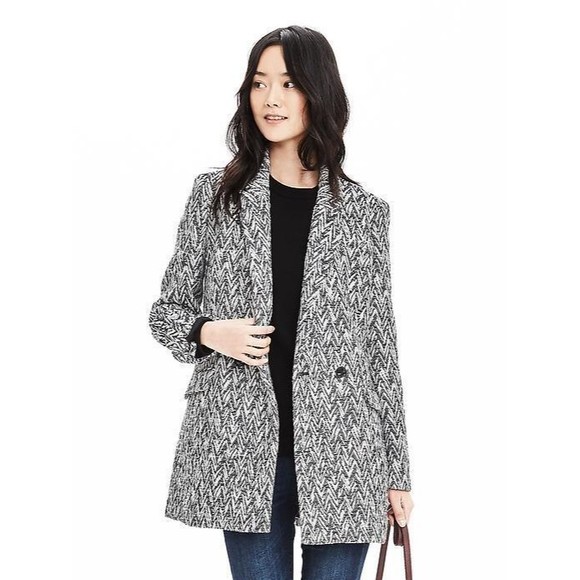 BANANA REPUBLIC Double-Breasted SMALL Coat Black White Chevron Jacquard NEW $248